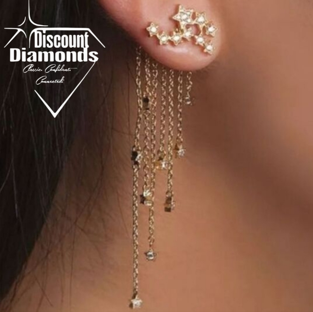 White Baguette Diamond Drop Earrings 14K Gold on 925 Sterling